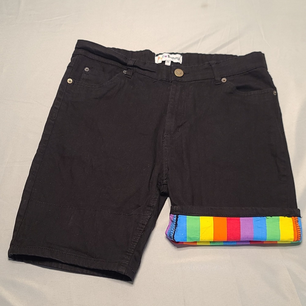 PrideBunny Denim Shorts Mens 34 Black Rainbow Cuff Stretch Pride LGBTQ 5-Pocket